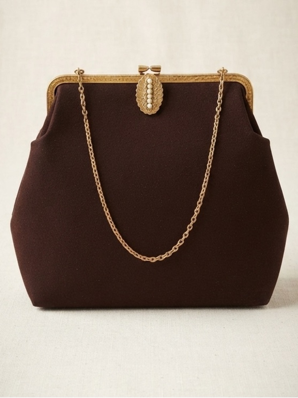 Vintage 1950s La Marquise Brown Evening Clutch with Gold Chain Handle